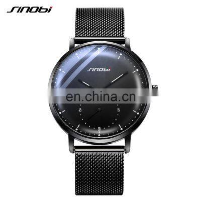 SINOBI Luxury Men's Watch Adjust Calendar Blue Sapphire Coating Glass Milanese Mesh Band Wristwatch S9790G montre homme