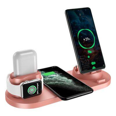 Six-in-One Wireless Charging Desktop Mobile Phone Watch Headset Black White Rose Gold-Charging Adapters Phone Accessories