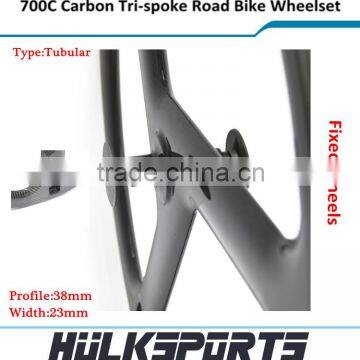 700C Carbon Fixed Gear 3 tri-spoke Tubular bicycle Front wheels V-Brake 23mm width/wider 3K/UD/12K road wheelset