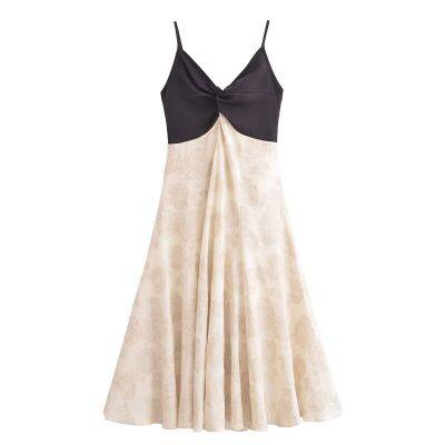 Lazy vacation style retro patchwork V-neck camisole dress for women's summer temperament, slimming A-line long skirt