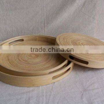 Set of 3 round spun bamboo tray with handles