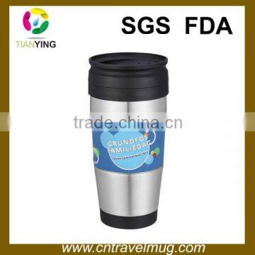 Double wall travel coffee mug with silicone sleeve band