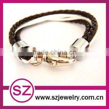 PUB0054 2013 fashion plain leather bracelet with stainless steel clasp pu leather bracelet braided