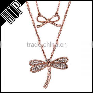 2016 jewelry trends women alloy rose gold plated rhinestone dragonfly necklace