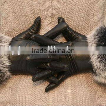 High-end ladies beauty Leather Glove lamb leather with rabbit fur lined