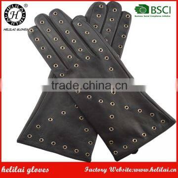 Fashion Winter Warm Lined Ladies Party Black Leather Gloves With Eyelets