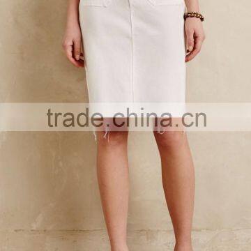 Fashion womans knee length white color denim twill pencil skirt for women SYA15251