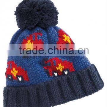 kids car jacquard knitted beanie hat with pom pom