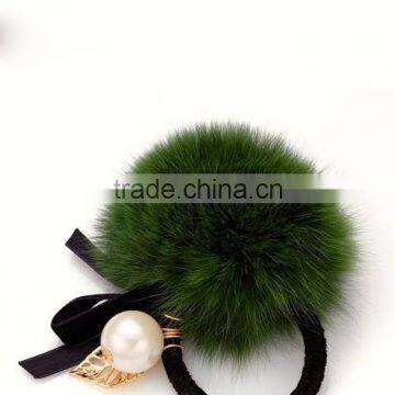 Cute Hot Sale Fancy Decorative Kknekki Elastic Hair Band with Fox Fur Pompons for Yong Girls