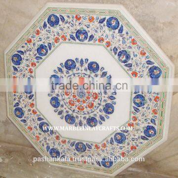 White Marble Coffee Table Top with Semi Precious Inlay Work