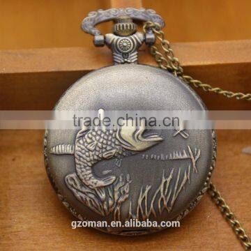 Round Retro Brass Fish Pocket Watch Analog Quartz dial Antique Necklace Watch