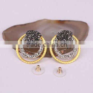 Metal Alloy Plated Gold Earrings, Circle Shape Pave Crystal Jewelry Stud Earrings
