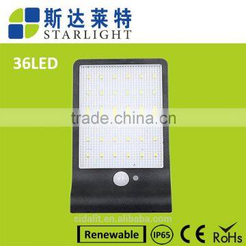 36 led plastic pad ip65 waterproof 450LM PIR sensor + Light control+weak light multi-mode solar motion sensor security light