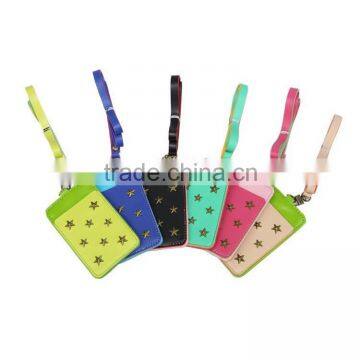 Fashion Rivet Studs Leather Credit ID Card Holder With Lanyard For Men And Women