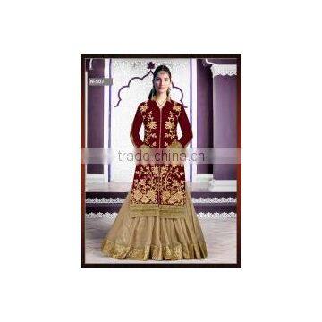 Civility Maroon Velvet Net Indo Western Lehenga Style Suit/Buy Online Anarkali style Suits