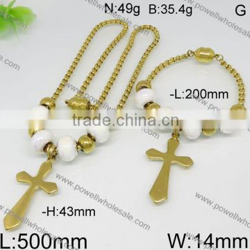 Fashion cross charms stainless steel necklace bracelet set jewelry gold plated