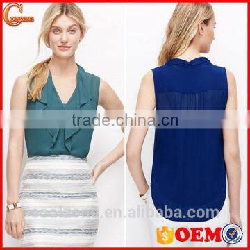 Fashion Lady Ruffle Front Sleeveless Slim Chiffon Blouse 2015
