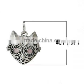 Copper Pendants Heart Halloween Owl Animal Antique Silver Pink Cat's Eye Glass Hollow Can Open 40mm x 32mm photo-2
