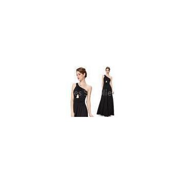 Black Stretch One Shoulder Womens Evening Dresses Waist Pleats Sleeveless