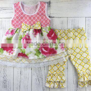 Bowknot lace Summer children'swholesale embroidered girls boutique clothing print girls outfits