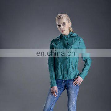 2017 Fashionable Ladies Leather Jacket With Cap PU Washed Women Bomber Jacket photo-2