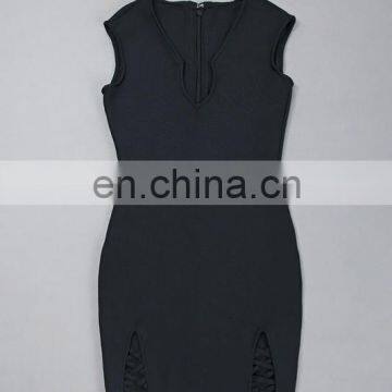 Latest Dresses Design Women Sexy Sleeveless Deep-V Black Short Tight Mini Dress Club Party Dress photo-4