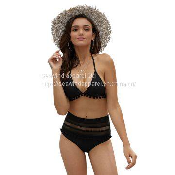 Sexy Black Pom Pom Mesh Insert High Waist Bikini Swimwear Women