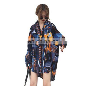 TWOTWINSTYLE Chiffon Print Hit Color Women's Blouse Lapel Collar Long Sleeve Asymmetric Shirts Casual