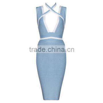 Summer dress 2015 new fashion strap halter V neck blue women fashion sey cute bodycon elegant midi evening party bandage Dresses