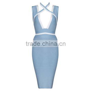 Summer Dress 2015 New Fashion Strap Halter V Neck Blue Women Fashion Sey Cute Bodycon Elegant Midi Evening Party Bandage Dresses