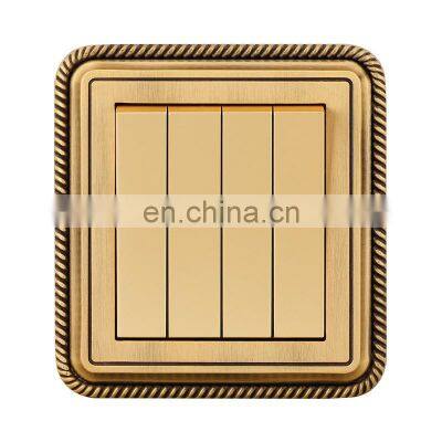 Type 86 UK/EU Standard 4 Gang 1/2 Way Wall Push Button Light Switch Copper Wire Drawing Panel Socket and Switches Electrical 10A
