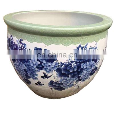 Luxury Large Size Blue And White Porcleain Hand Paint Craft Ceramic Fish Pot Fish Bowl Planters