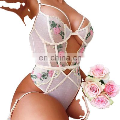 Lace Bodysuit Lingerie Sexy Hot Transparent Women's Revealing Underwear Embroidery Mesh Nightwear