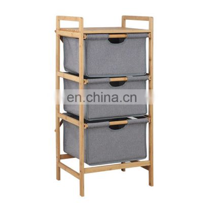 3 Tier Collapsible Bamboo Laundry Basket Hamper with 3 Linen Fabric Storage Box Laundry Basket