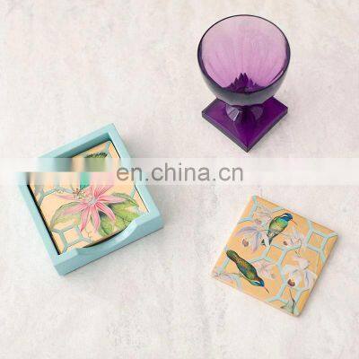 Hummingbird Trellis Square Lacquer Coasters in Holder Set of 4 Custom Design Drink Cup Coaster Set For Table Decor Wholesale photo-2