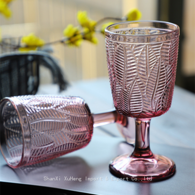 Factory Directly Cheap Wholesale Vintage Clear Blue Purple And Green Solid Colored Goblet Wine Glass Cup With Leaf Pattern photo-5