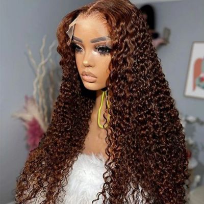 30 Inch Chocolate Brown Deep Wave Preplucked Human Hair 13x4 13X6HD Transparent Lace Front Wigs Curly Lace Frontal Wig for Women