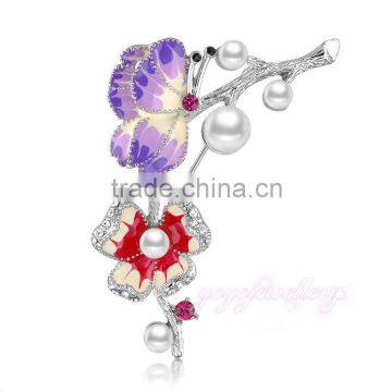 Branch shaped enamel flower and butterfly pearl brooch