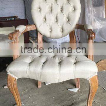 French rustic style dining chair round back wooden fabric armchair