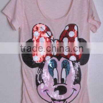 Summer High Quality Lovely T-shirt With Sequin Design, Cartoon Mouse T-shirt