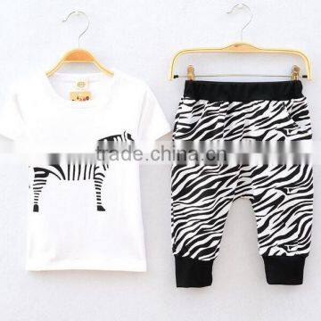 Kids Cotton Sportswear White Black Striped T-shirt & Cartoon Pants Casual Suits