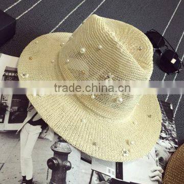 Custom Wholesale handmade fashion pave pearl beach straw hats for women