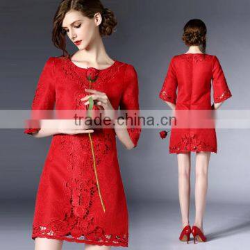 Red Jacquard and Embroidered Women Rock Neck 3/4 Sleeve Floral Lace Cocktail Clubwear Evening Dress