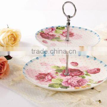 Factory wholesale kitchen wares 2 tiers ceramic plate cake stand