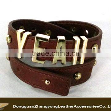 Newest metal letters charm leather bracelets, custom letters bracelet strap