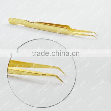 Gold Pleated 45 Degree Angled Base Cuts Eyelash Extension Tweezer