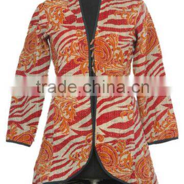 RTHCJ-10 Cheetah Style printed Strips Full sleeve reversible long size cotton kantha Winter Christmas Jackets Jaipur