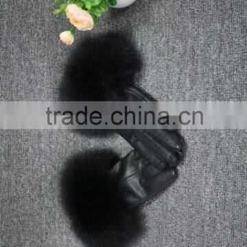 Classic black soft lambskin gloves raccoon fur trim women winter short leather gloves