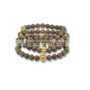 KJL-ST0031 real 24K gold 8mm Lion skull head Bead Bracelet Bangles Natural India agate Stone Charms Buddha Bracelets For Unisex