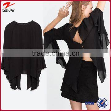 2016 New balck long sleeve frill top dropshipping women clothing